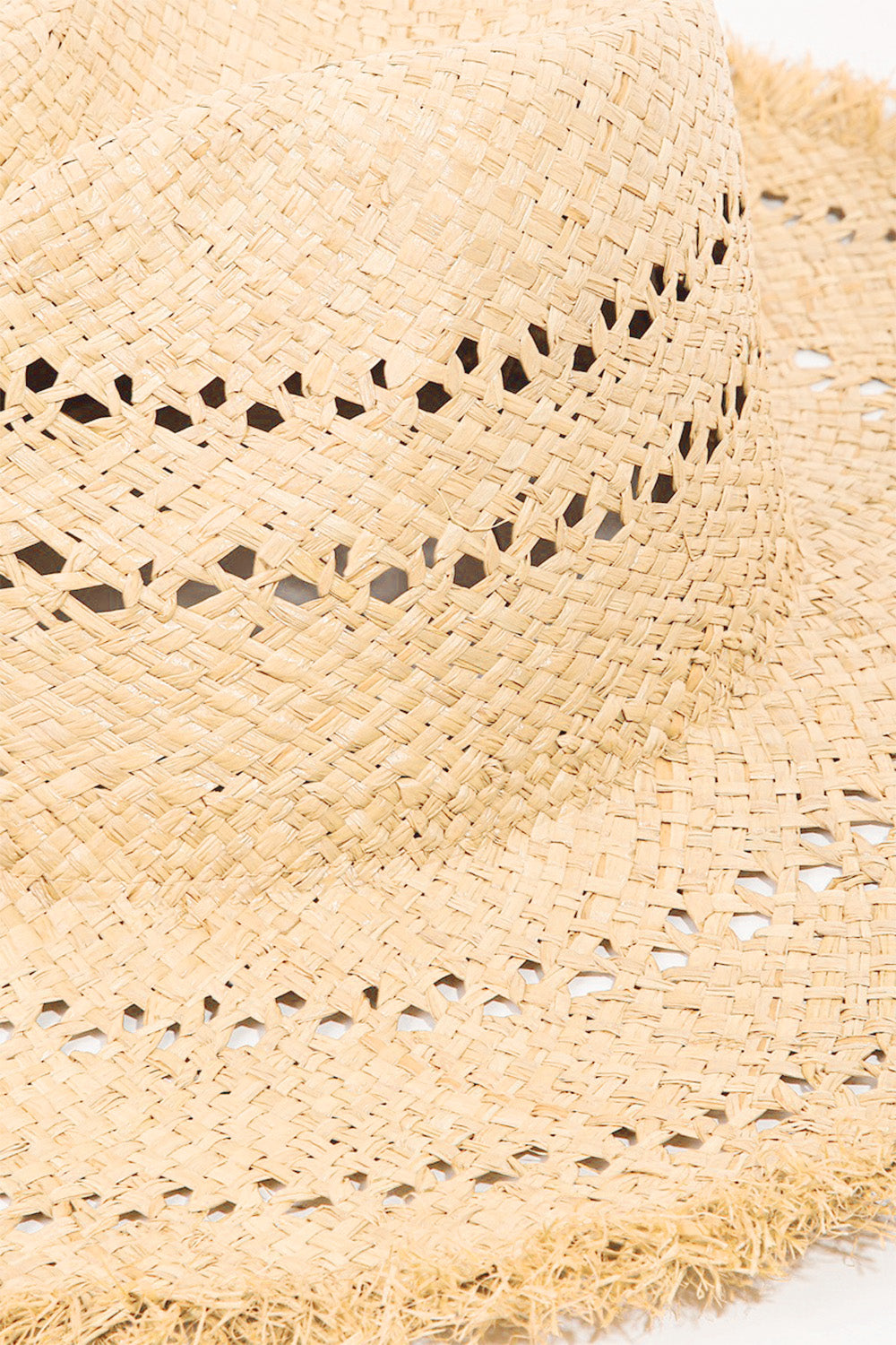 Chic Openwork Straw Sun Hat - Stylish natural straw hat with intricate woven pattern and raw edge detailing, perfect for summer fashion.