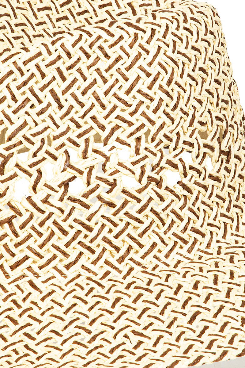 Woven straw hat with intricate lattice pattern in earthy tones