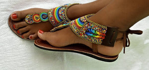 African Maasai Sandals, Beaded Summer Flipflops