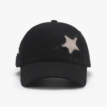 Adjustable Star Raw Hem Black Baseball Cap - Distressed fabric cap with star design, adjustable strap for customized fit, casual streetwear style.