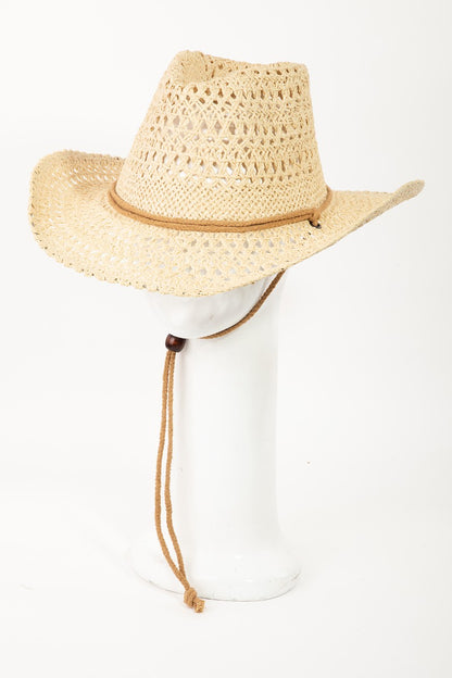 Stylish straw cowboy hat with rope detailing, perfect for summer adventures.