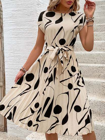 Perfee Tied Pleated Printed Cap Sleeve Dress