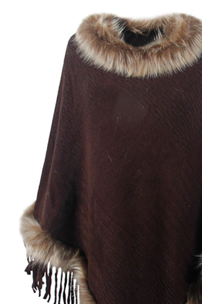 Faux Fur Trim Fringed Poncho