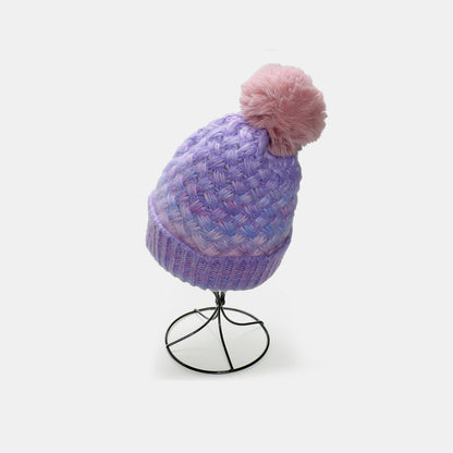 Gradient Knit Hat with Pompom - Stylish woven beanie with soft fuzzy pompom in a vibrant purple and pink color palette.