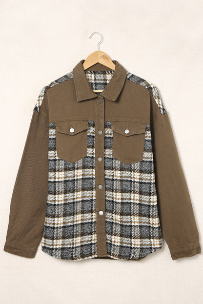 Plaid Collared Denim Jacket - Casual, stylish denim jacket with contrasting plaid pattern on the sleeves and front pockets.