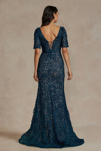 Indigo Teal  Mermaid Embroidered Lace  Mother of the Bride Dress