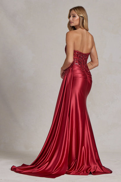 Satin Skirt Side Slit Embroidered Bodice Strapless Long Evening Dress NXE1174-4