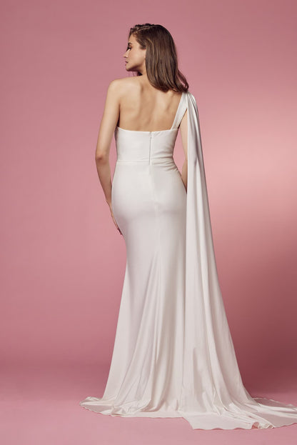 One Shoulder Drape Sleeve Mermaid Long Wedding Dress NXE475W