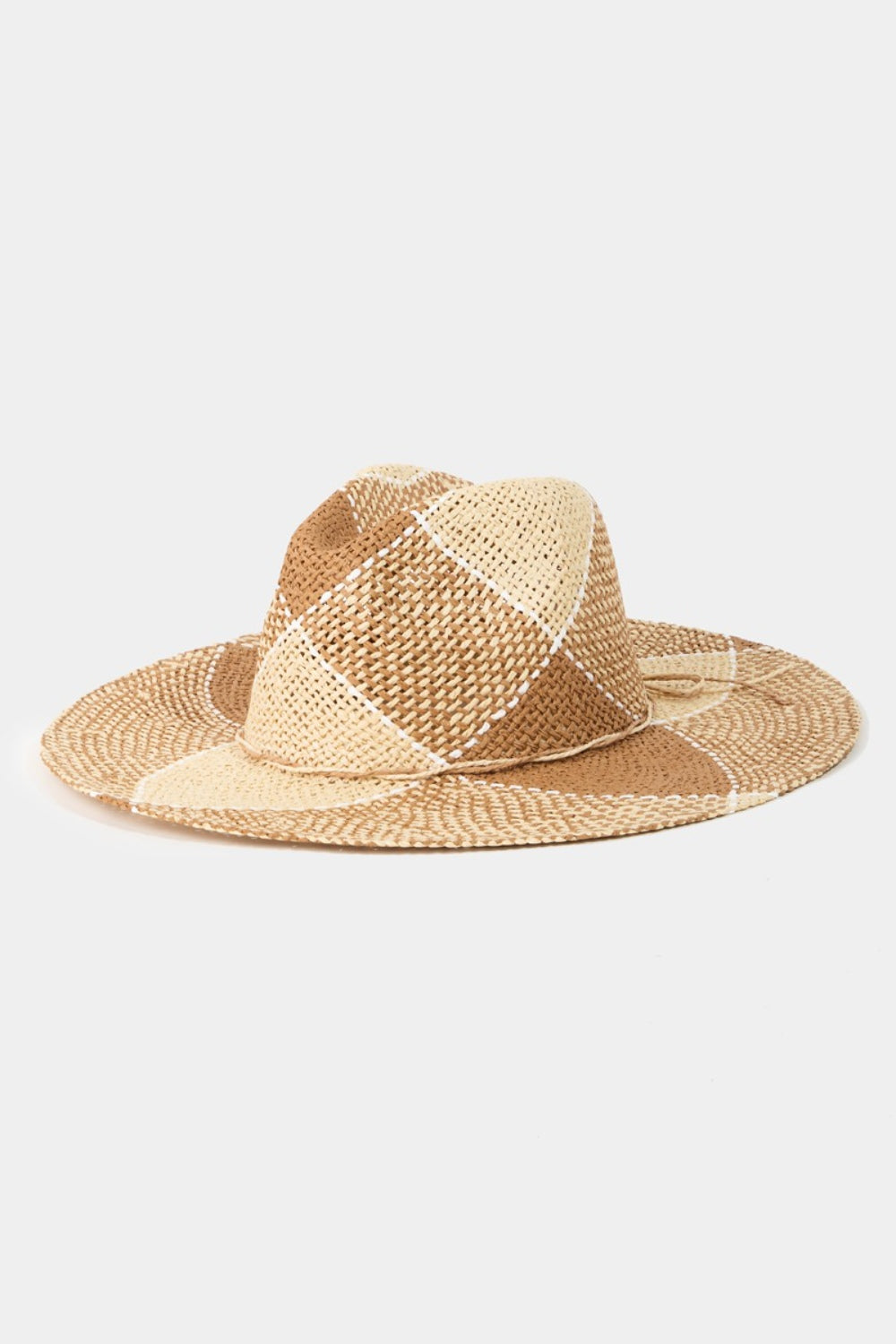 Stylish straw braid sun hat with contrast pattern, perfect accessory for outdoor adventures or casual summer style.