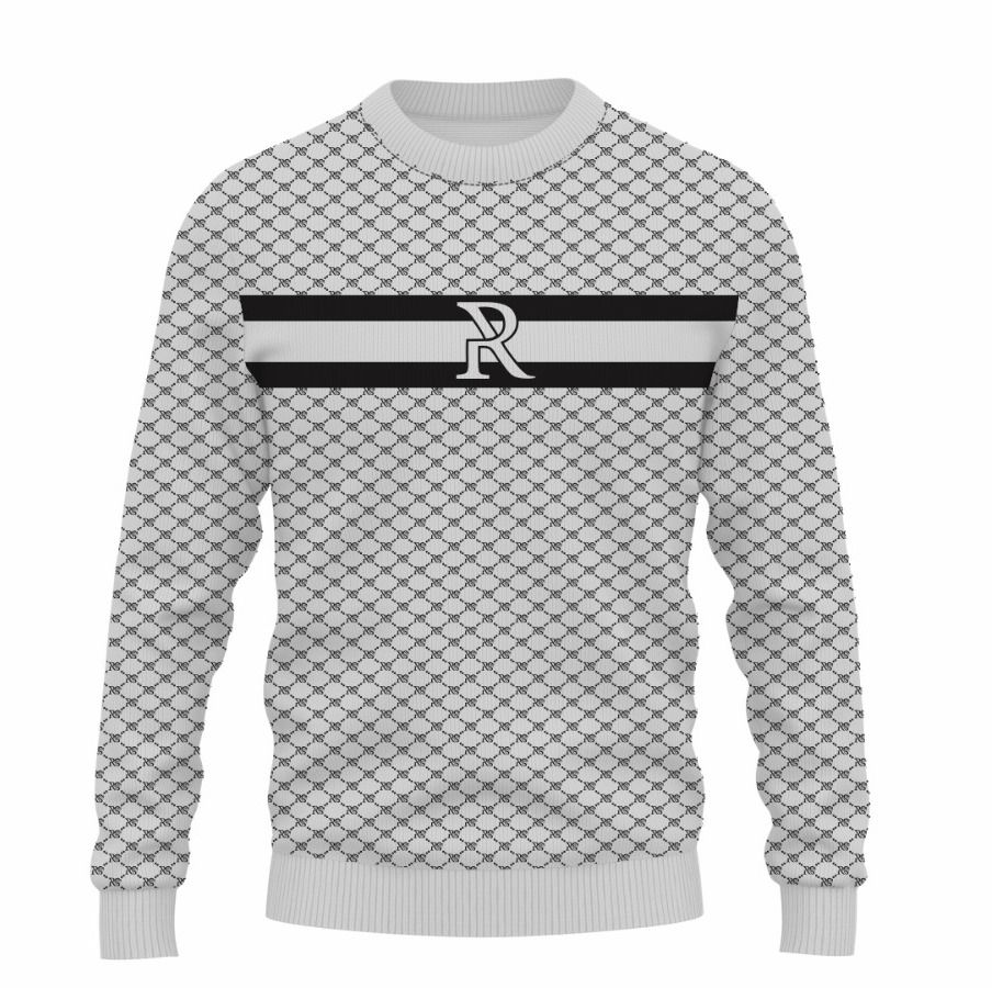 Stylish men's sweater with geometric pattern and logo in monochrome colors