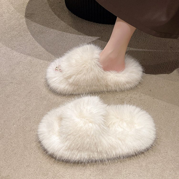 Plush open-toe platform slippers with soft, ivory-colored faux fur upper for cozy comfort.