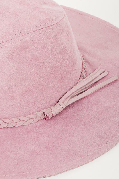 Soft pink faux suede hat with braided band