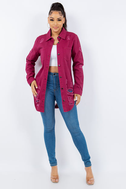 Stylish distressed button-up denim jacket from Trendsi, worn by a young female model against a plain white background.