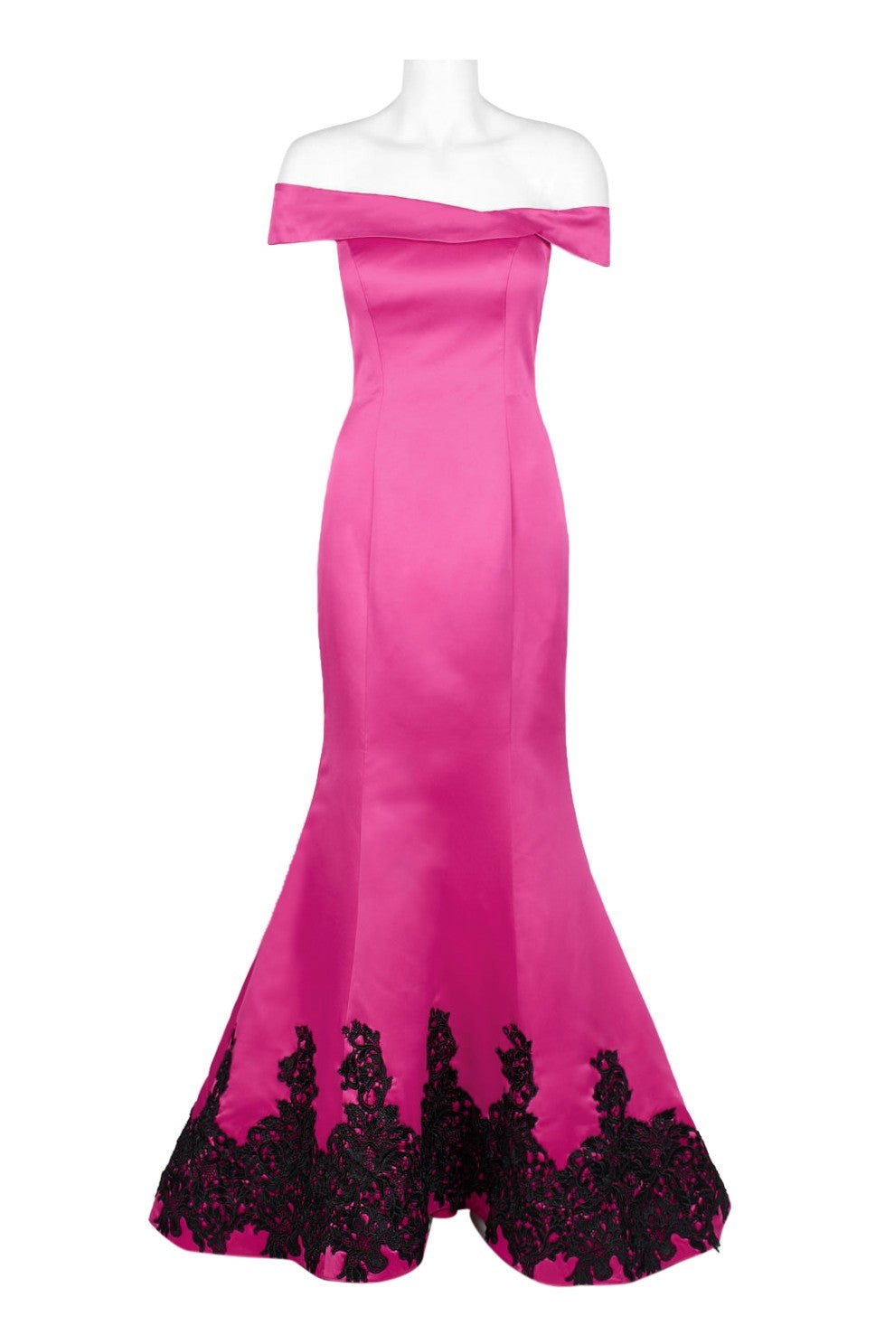 Elegant off-shoulder fuchsia pink evening gown with detailed black lace embellishments on the mermaid-style skirt.