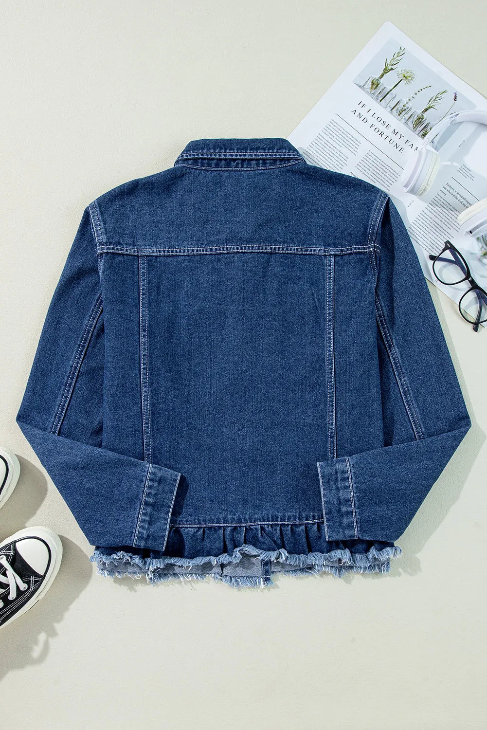 Raw Hem Long Sleeve Denim Jacket, Classic Casual Wear, Versatile Fashion Piece