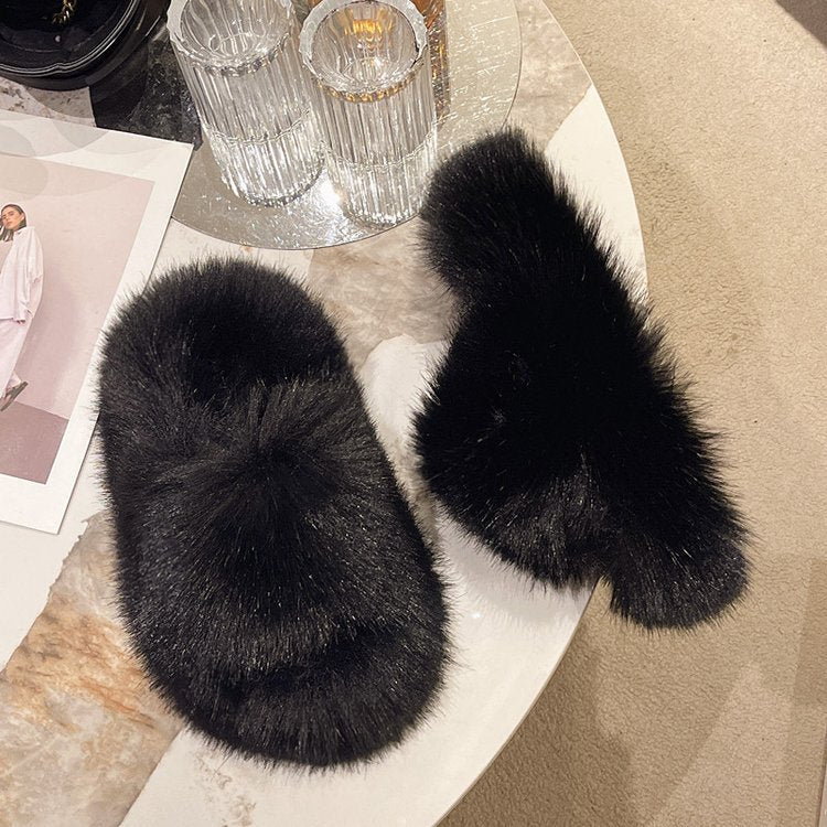 Fuzzy Black Open Toe Platform Slippers on Neutral Background