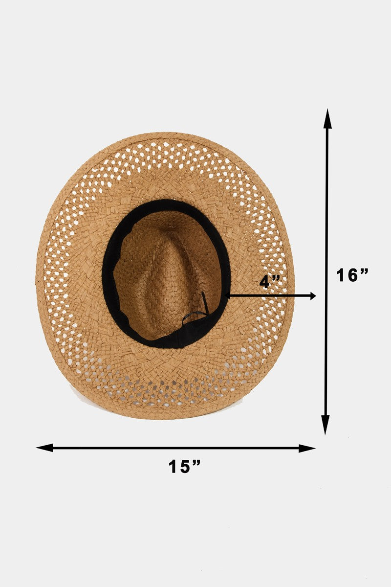 Elegant basket-weave straw sun hat with black contrast trim, offering 16-inch brim coverage for fashionable sun protection.