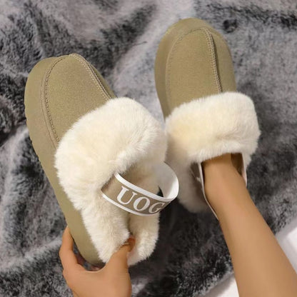 Plush Tan Suede Slippers with Furry White Trim and Logo Detail