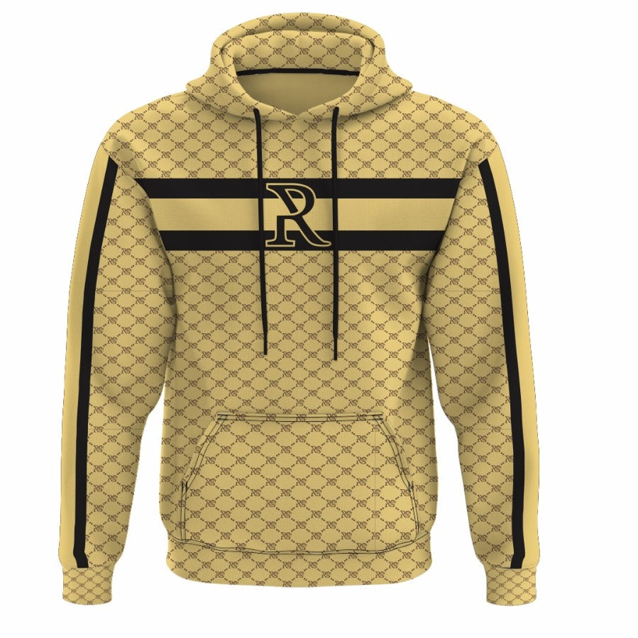 Beige patterned hoodie with a large "R" logo and black striped details