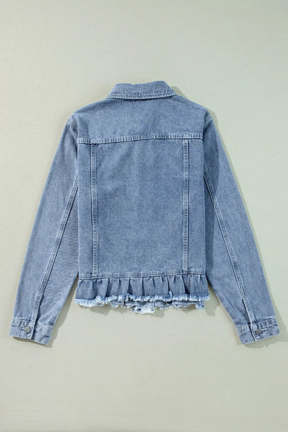 Raw Hem Long Sleeve Denim Jacket by Trendsi - Stylish denim jacket with frayed edges and long sleeves.