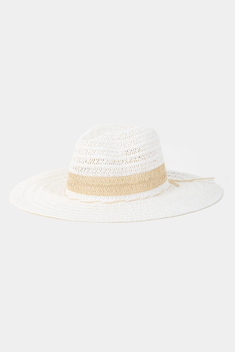 Stylish straw sun hat with contrast color bands, perfect for sunny days