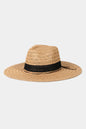 Stylish straw sun hat with contrast black brim, perfect for warm weather fashion.