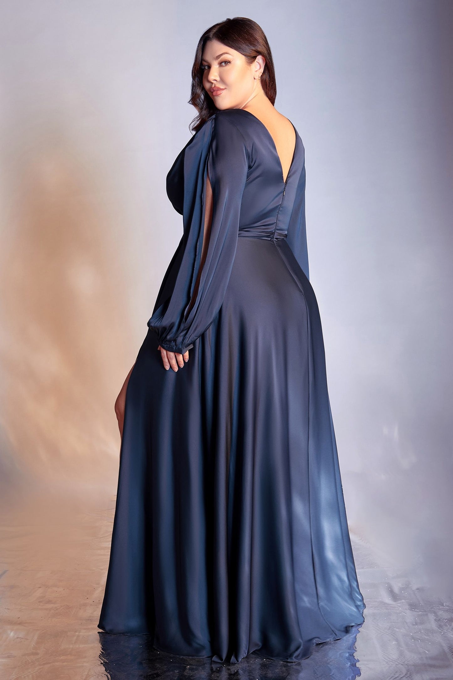 Curve Satin Plus Size A-line High Leg Slit Closed Shoulder Long Prom & Bridesmaid Dress CD7475C