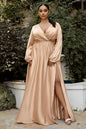 Curve Satin Plus Size A-line High Leg Slit Closed Shoulder Long Prom & Bridesmaid Dress CD7475C