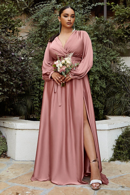 Curve Satin Plus Size A-line High Leg Slit Closed Shoulder Long Prom & Bridesmaid Dress CD7475C