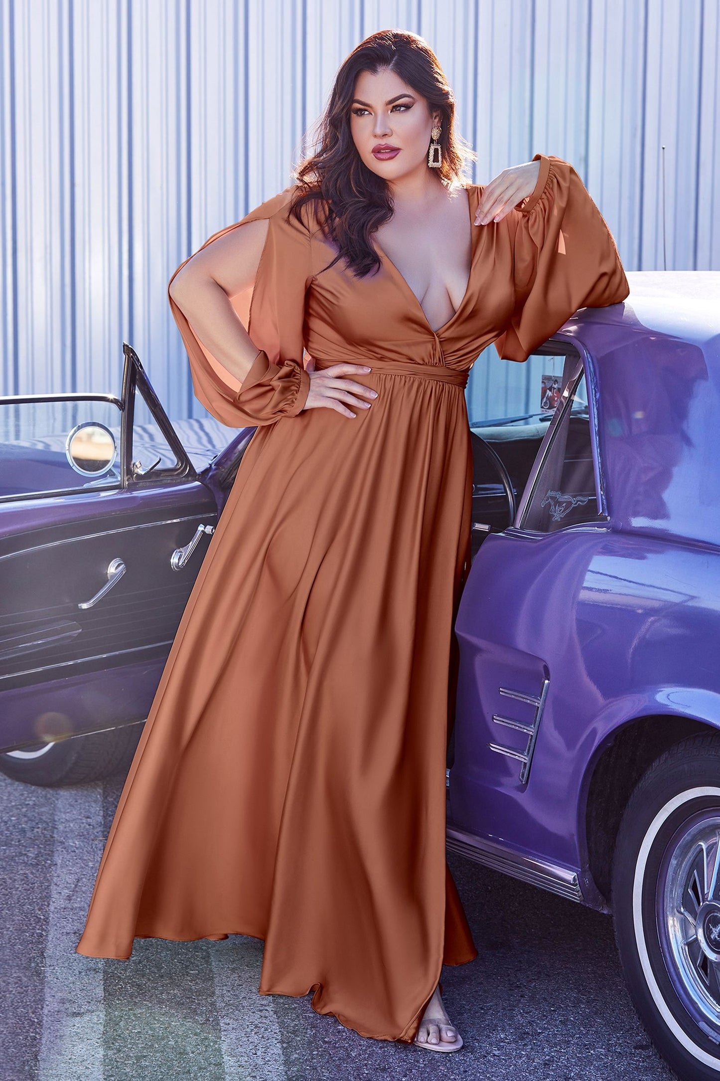 Curve Satin Plus Size A-line High Leg Slit Closed Shoulder Long Prom & Bridesmaid Dress CD7475C