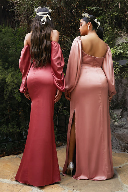 Long Sleeves OF or On Shoulder Soft Satin Prom & Bridesmaid Dress CD7482