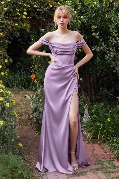 Off The Shoulder Cowl Neck Corset Satin Long Prom & Bridesmaid Dress CD7492