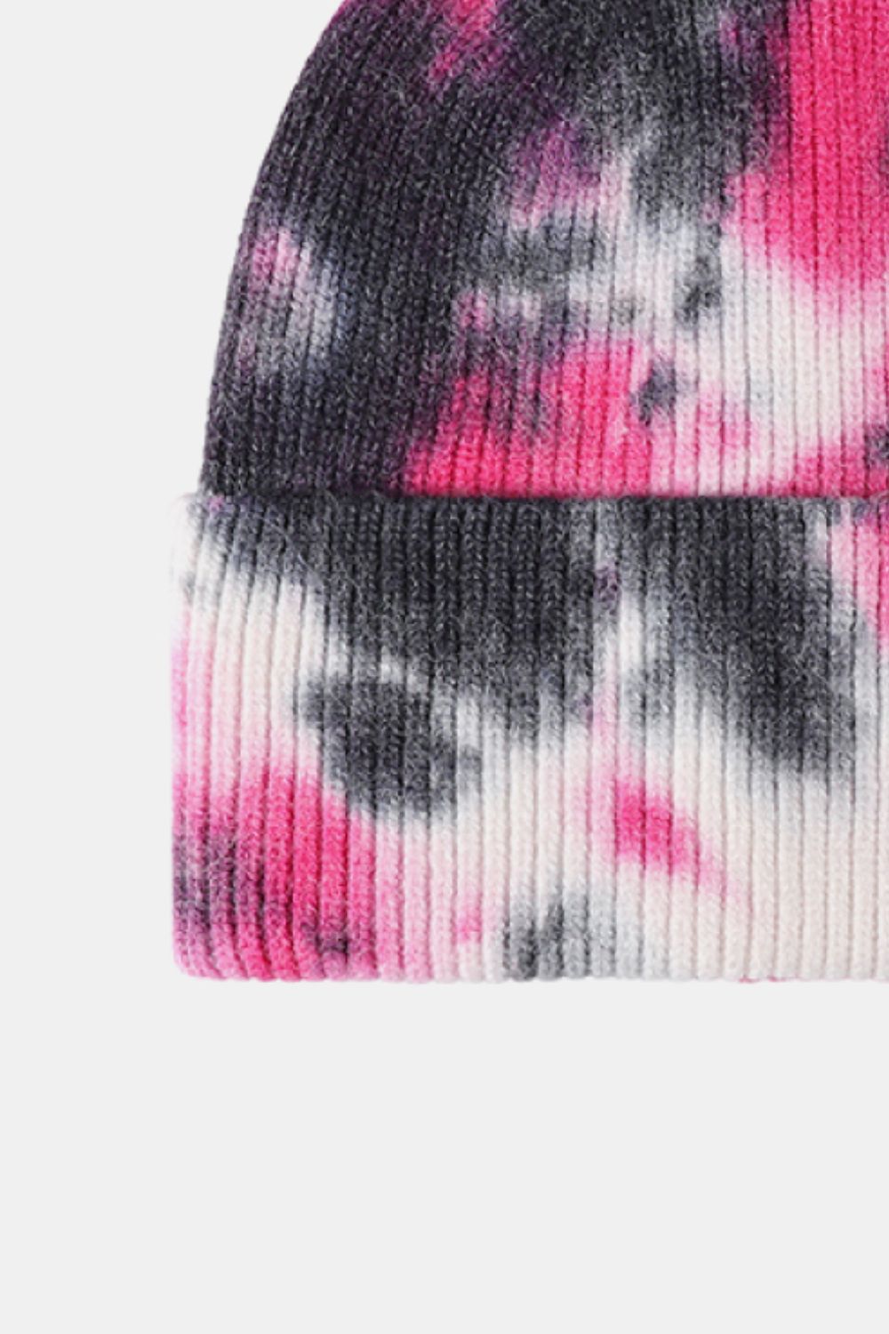 Stylish tie-dye cuffed rib-knit beanie hat with vibrant pink and gray hues