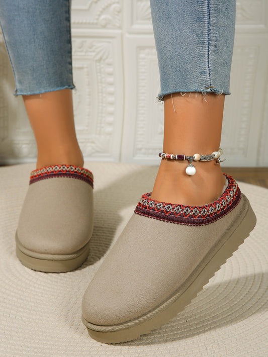 Beige Round Toe Platform Slippers with Embroidered Trim