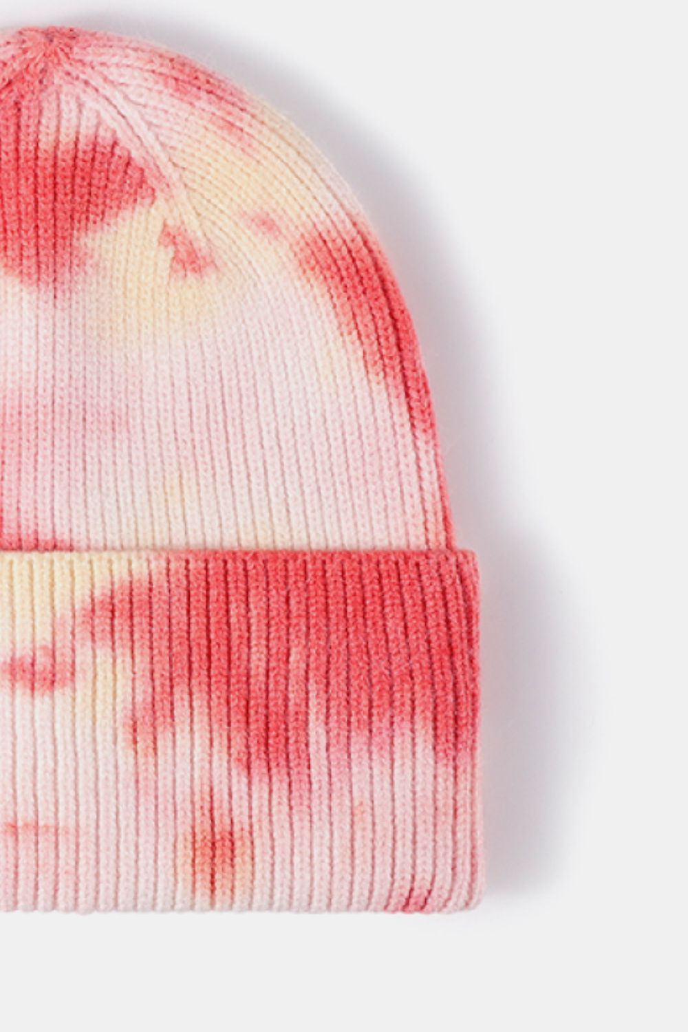 Tie-Dye Cuffed Rib-Knit Beanie Hat in vibrant pink and white colors