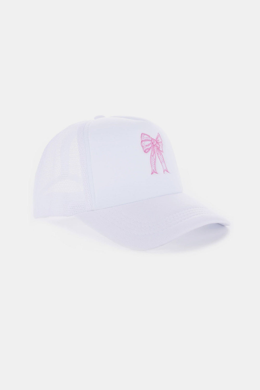 White trucker hat with pink ribbon bow embroidery