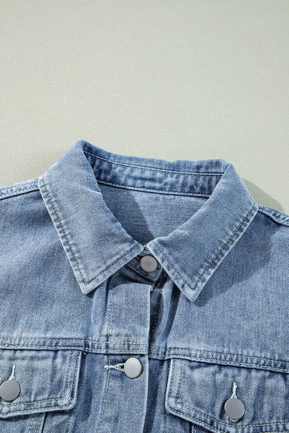 Distressed Denim Jacket with Raw Hem Sleeve Design