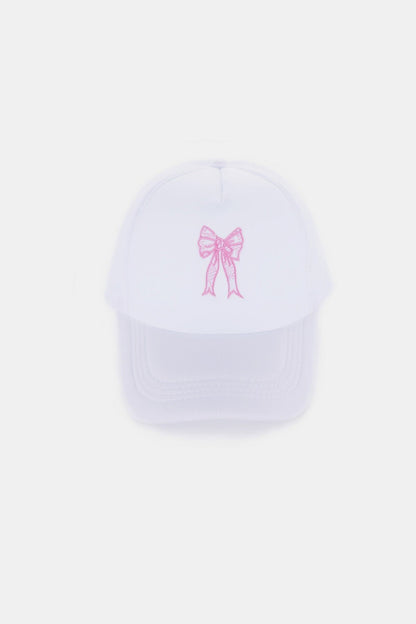 Zenana Ribbon Bow Embroidery Trucker Hat - White with pink bow embroidery