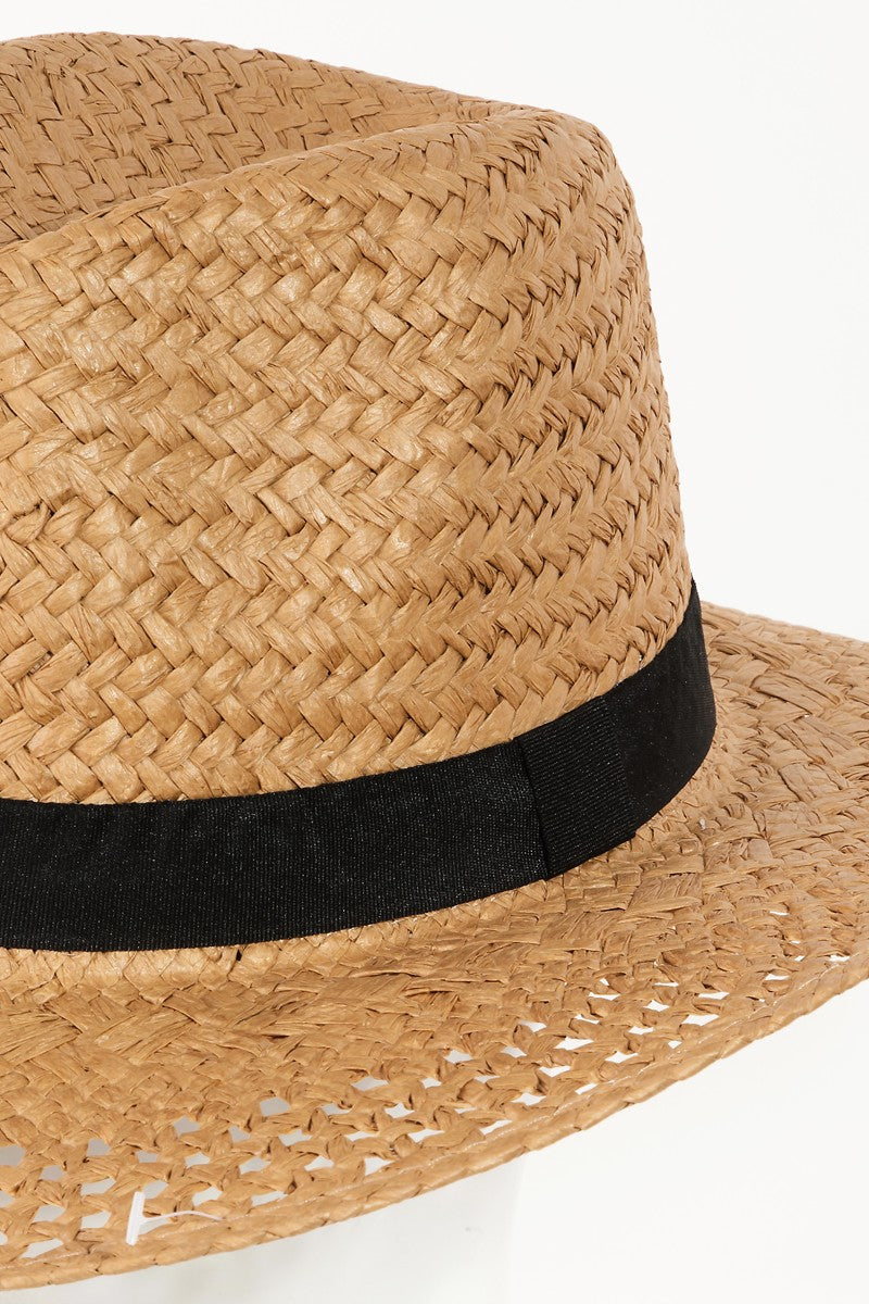 Straw Sun Hat with Basket Weave Design and Black Trim