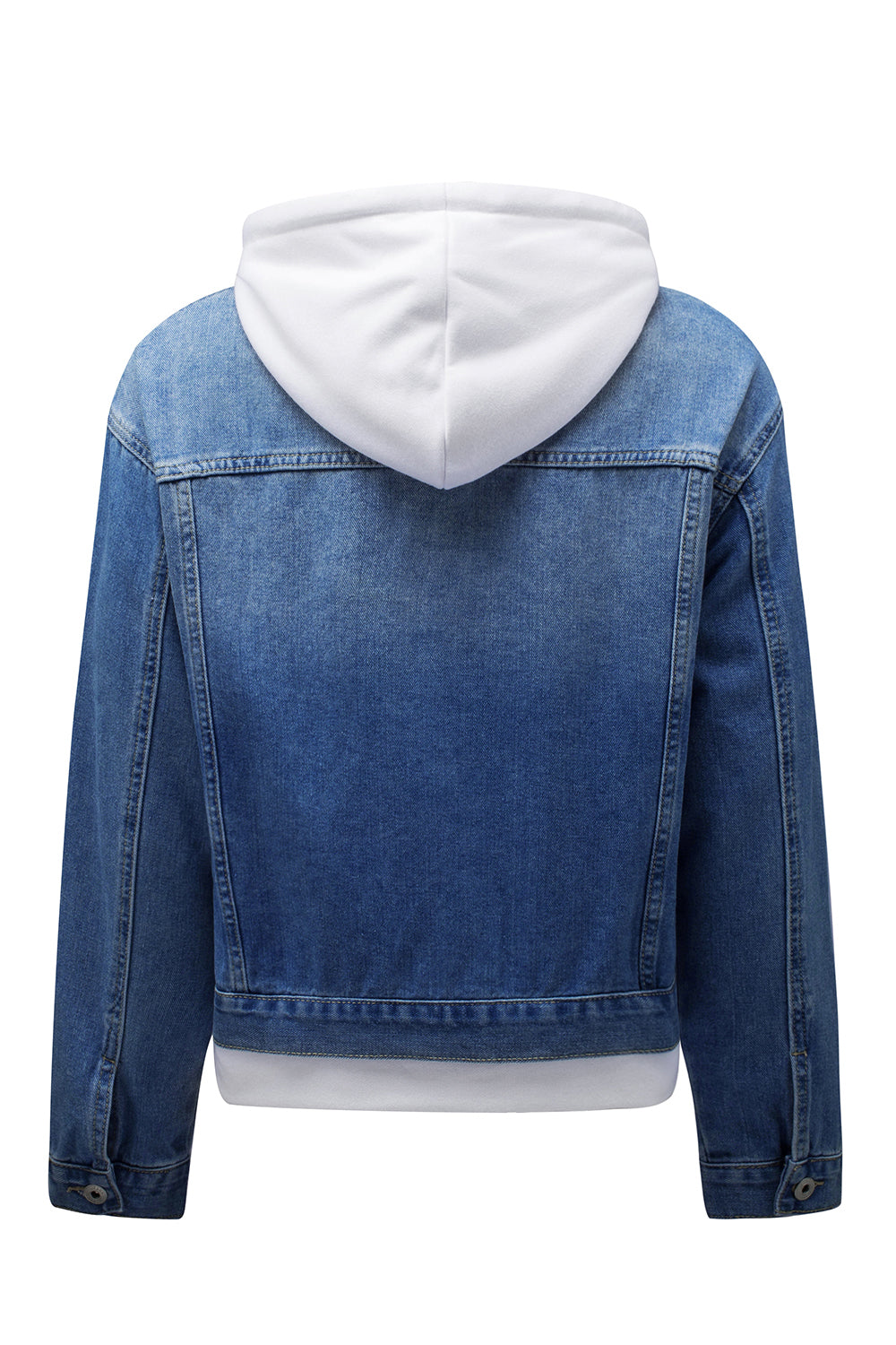 Denim jacket with white hooded sweatshirt interior, distressed blue jean material, casual fashion apparel