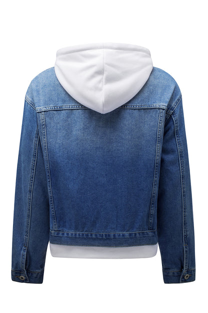 Denim jacket with white hooded sweatshirt interior, distressed blue jean material, casual fashion apparel