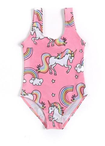 Whimsical unicorn-printed swimsuit, featuring colorful rainbows, stars, and clouds on a pink background, perfect for a fun and playful summer look.