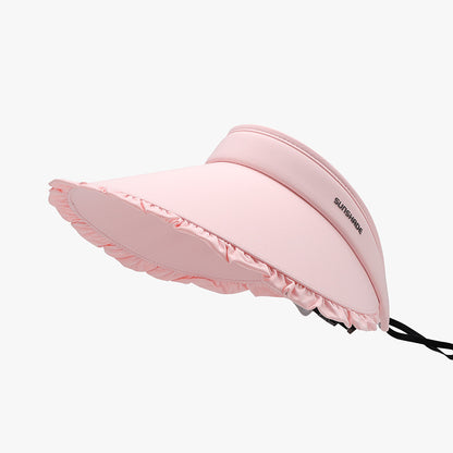 Frill Adjustable Ice Silk Sun Hat, a pink women's sunhat with ruffled brim and adjustable strap, featured on a plain white background.