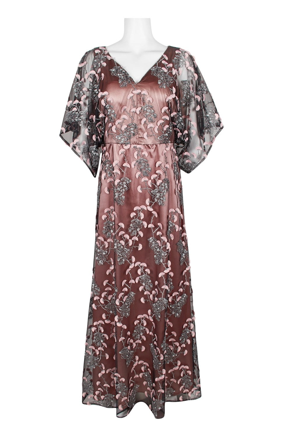 Elegant floral print dress with v-neck and back zipper detailing, showcased on a mannequin.