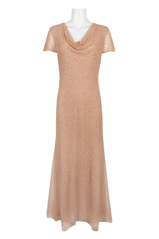 Elegant beige cowl-neck dress with short sleeves and a sparkling embellished mesh design, showcasing a zipper back detail.