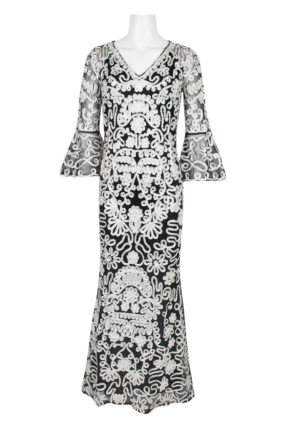 Elegant black and white patterned women's floral maxi dress with v-neck and flounce bell sleeves from the Crimson Bamboo clothing brand.