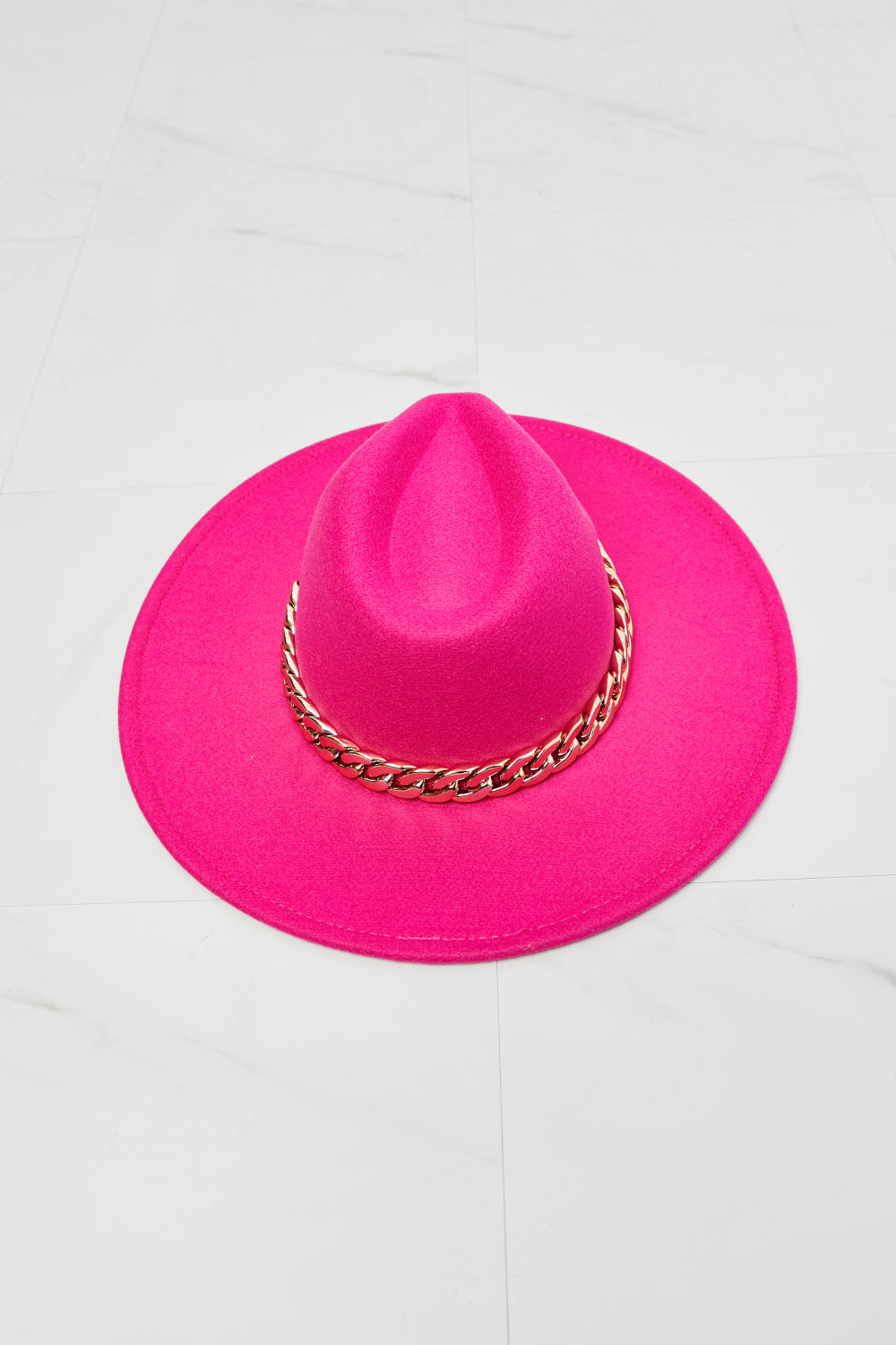 Vibrant Pink Fedora Hat with Gold Chain Accent