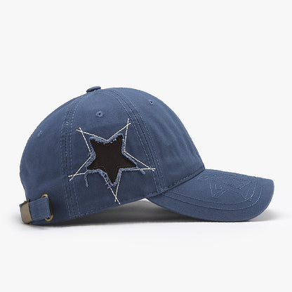 Adjustable star-embroidered navy blue baseball cap with raw-edged fabric detail