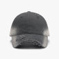 Distressed adjustable charcoal grey cotton baseball cap with subtle faded details, perfect for casual wear.