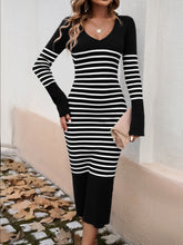 Load image into Gallery viewer, Devine Striped V-Neck Long Sleeve Sweater Dress